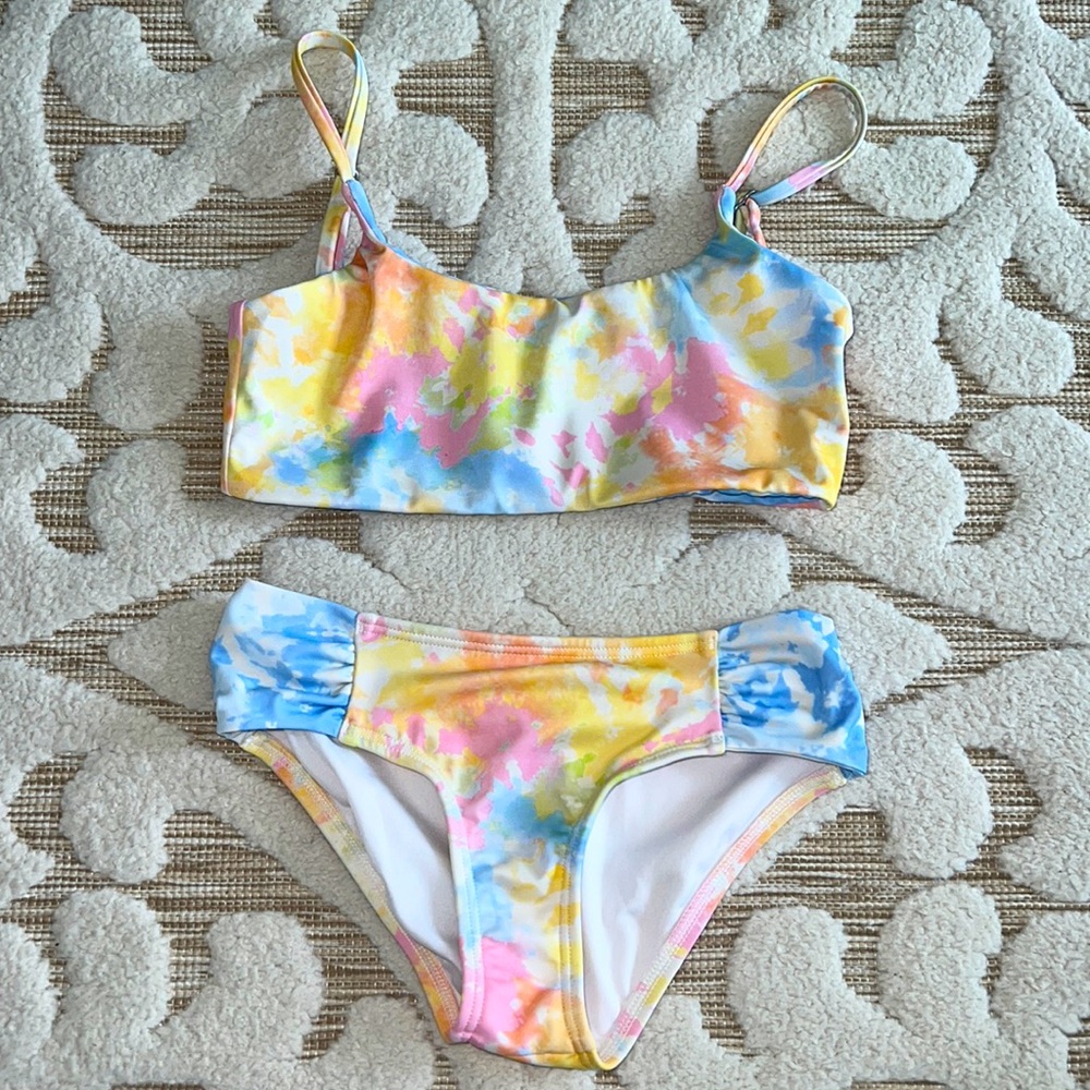 Girls Billabong 2 Piece Bathing Suit Size XS 5/6 - Cloud & Rainbow Tie Dye